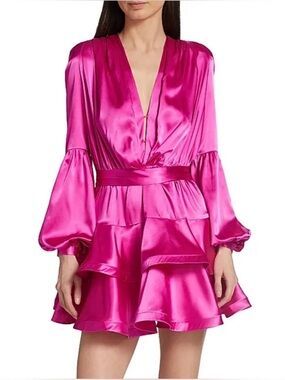 Bronx & Banco Bedouin Fuchsia Satin Belted Ruffle Mini Dress XS